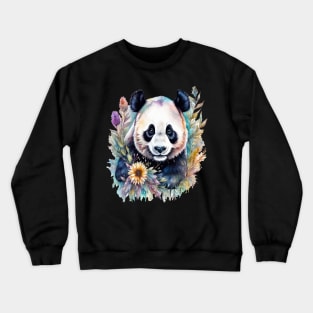 Fantasy, Watercolor, Panda Bear With Flowers and Butterflies Crewneck Sweatshirt